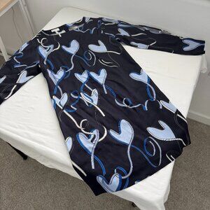 Escada Sport Blue Abstract Heart Print Shift Dress Long Sleeve Designer Minimali
